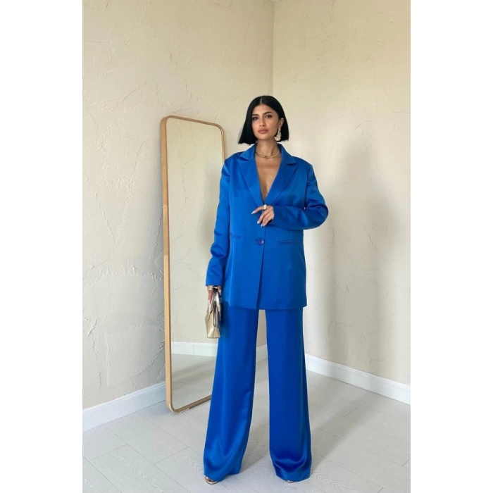 Mavi Saten Ceket Ve Pantolon Takım