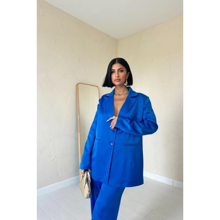 Mavi Saten Ceket Ve Pantolon Takım
