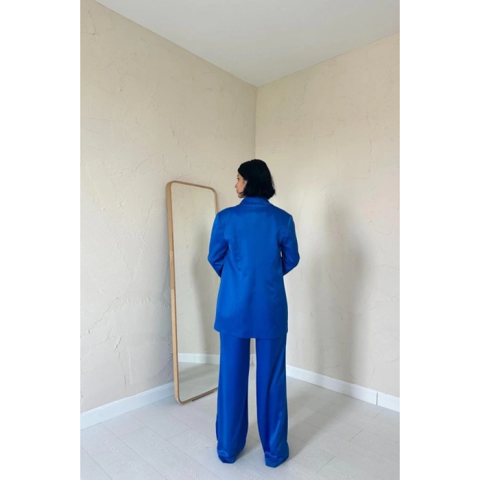 Mavi Saten Ceket Ve Pantolon Takım