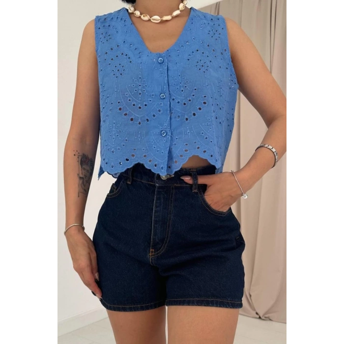 Mavi Sıfır Kol Brode Bluz