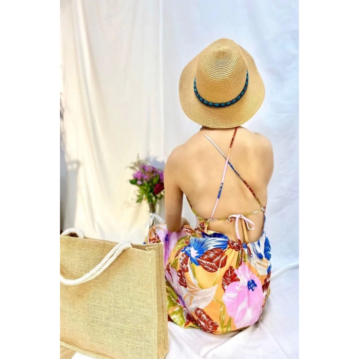 Mavi Sırt Dekolteli Keten Elbise