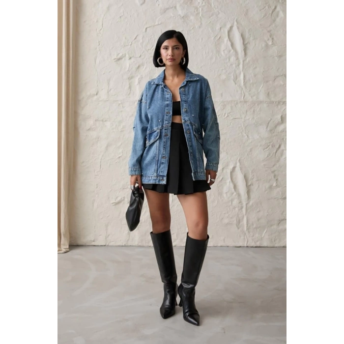 Mavi Taşlı Kot Ceket