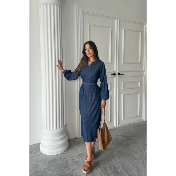 Mavi Tencel Uzun Kollu Elbise
