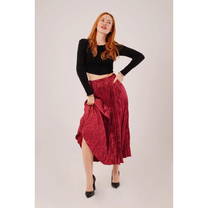 Midi Boy Pileli Saten Bordo Etek