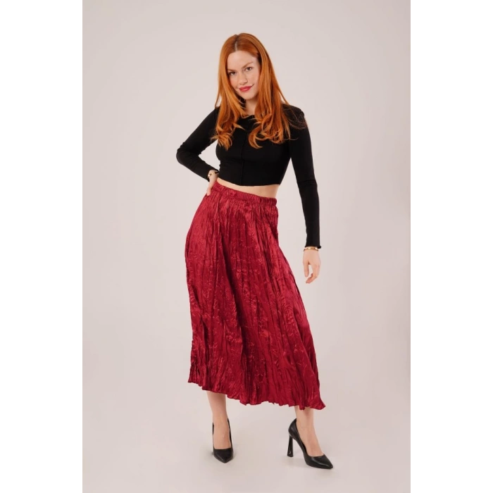 Midi Boy Pileli Saten Bordo Etek