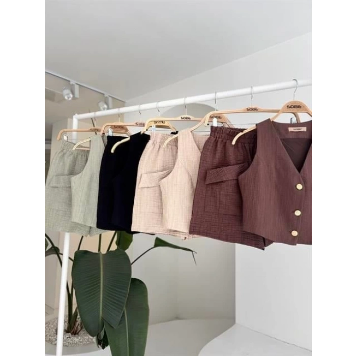 Mini Yelekli Şortlu Keten Takım 10176-08