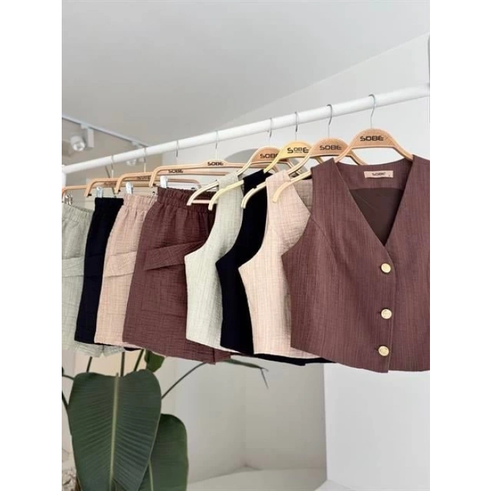 Mini Yelekli Şortlu Keten Takım 10176-08