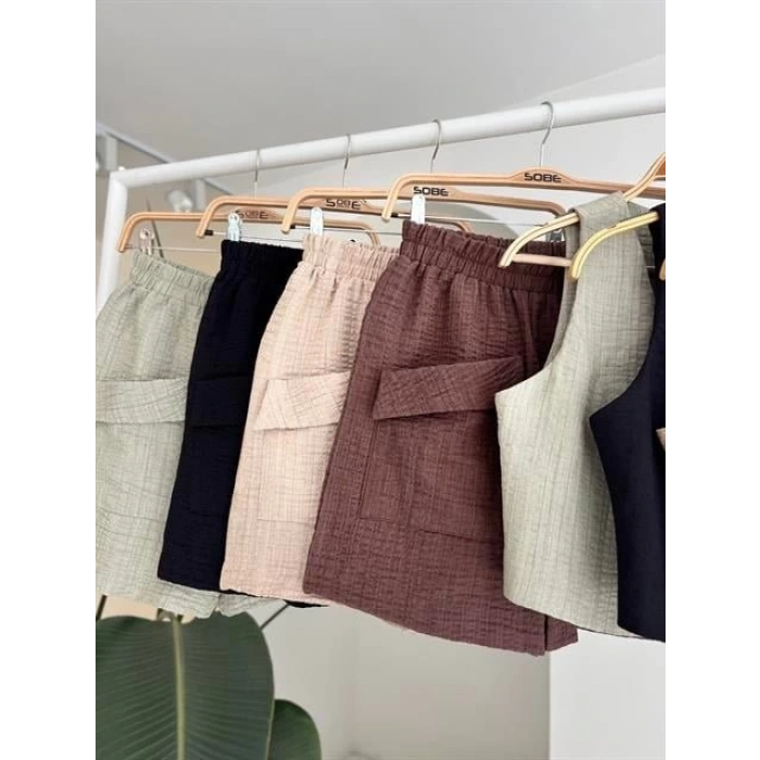 Mini Yelekli Şortlu Keten Takım 10176-08