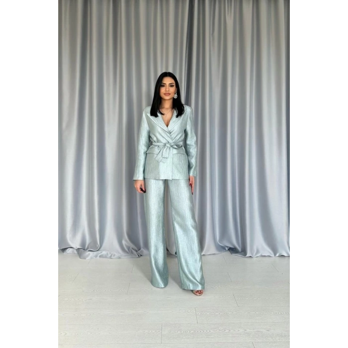 Mint Beli Kuşaklı Ceket Ve Pantolon Parlak Takım