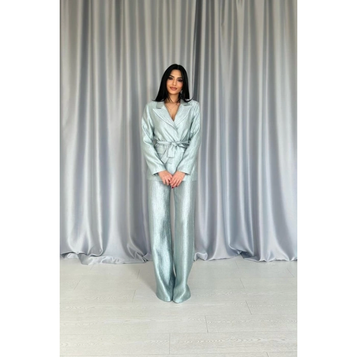 Mint Beli Kuşaklı Ceket Ve Pantolon Parlak Takım