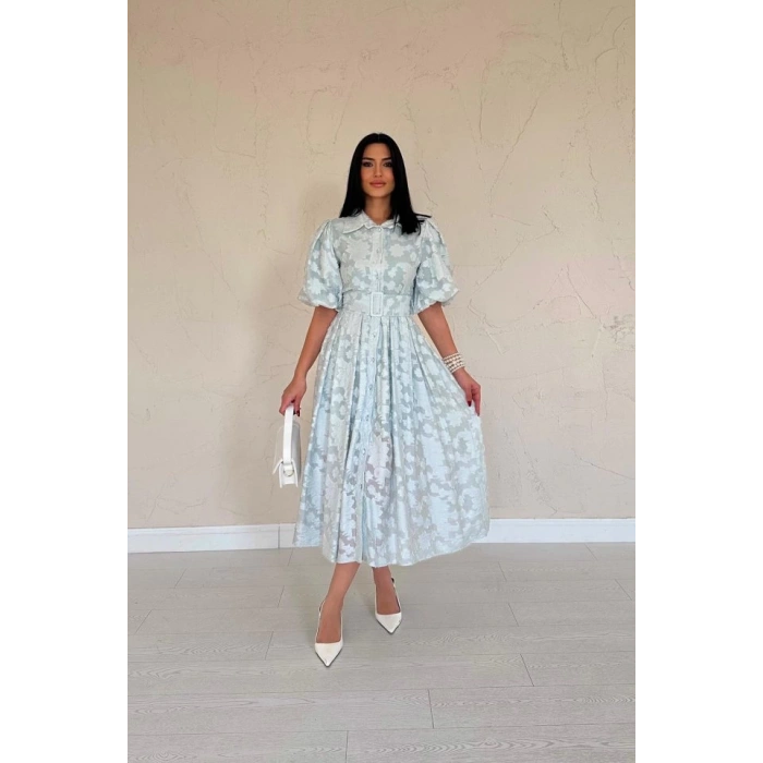 Mint Kemerli Balon Kollu Elbise