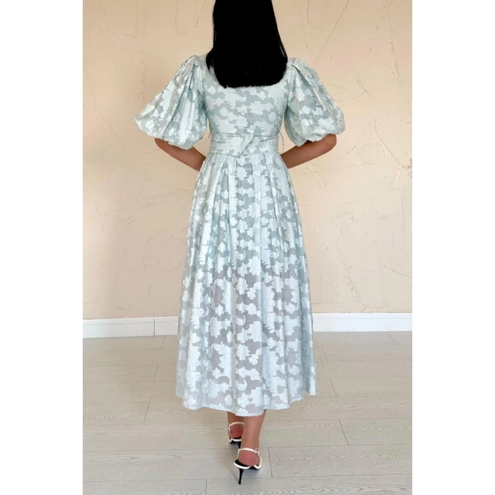 Mint Kemerli Balon Kollu Elbise