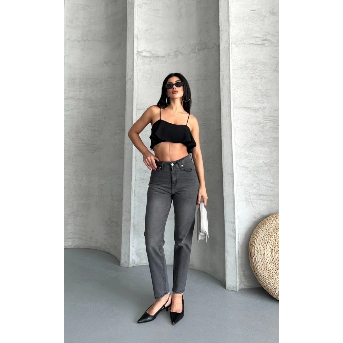 Mom fit enzim taş yıkama jeans pantolon füme d2006