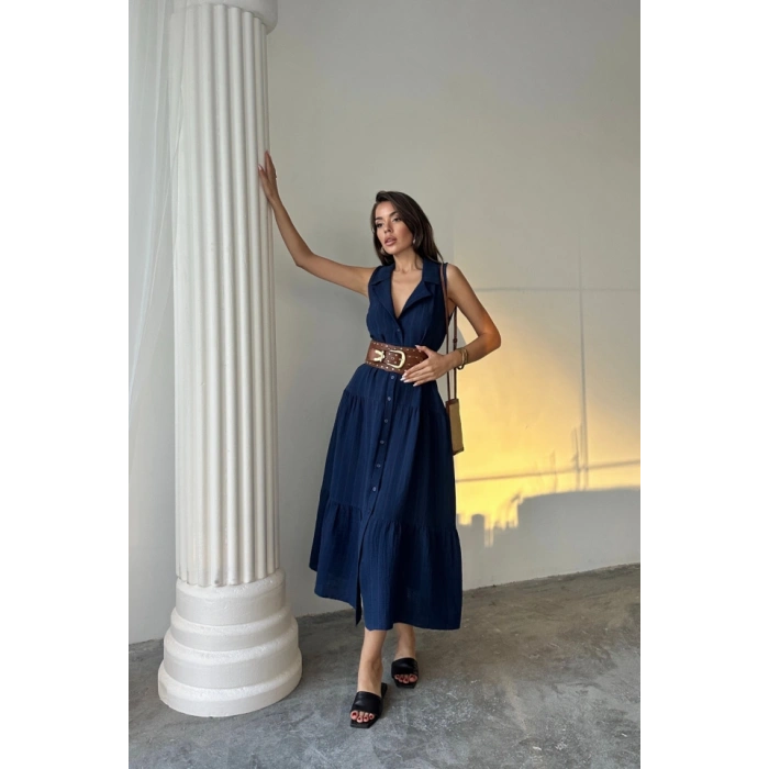 MÜSLİN ELBİSE GÖMLEK YAKA KOLSUZ ÖNDEN DÜĞMELİ - Lacivert