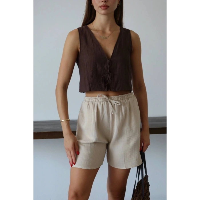 Müslin kumaş şort bağcıklı bej pt