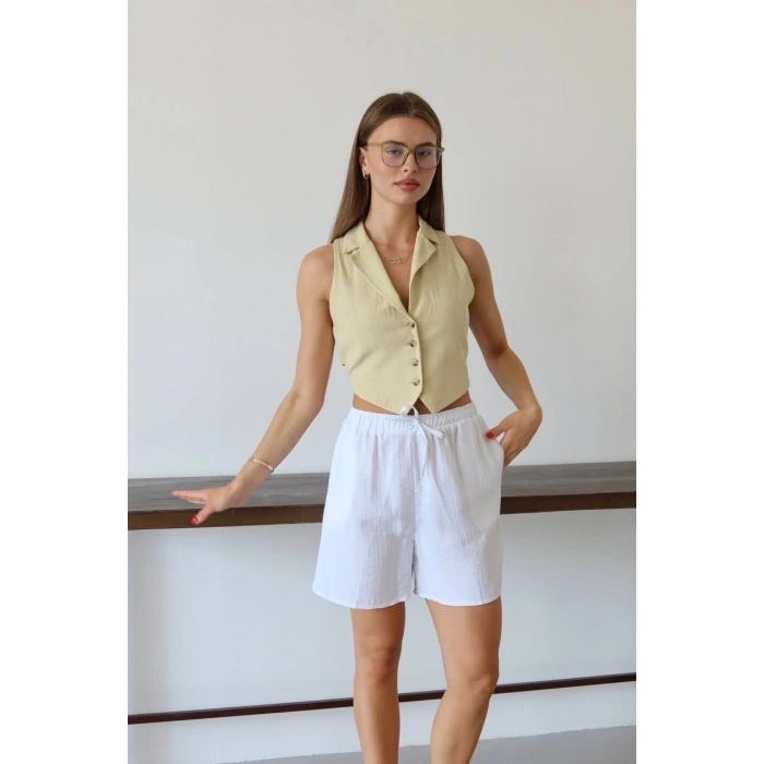 Müslin kumaş şort bağcıklı beyaz pt