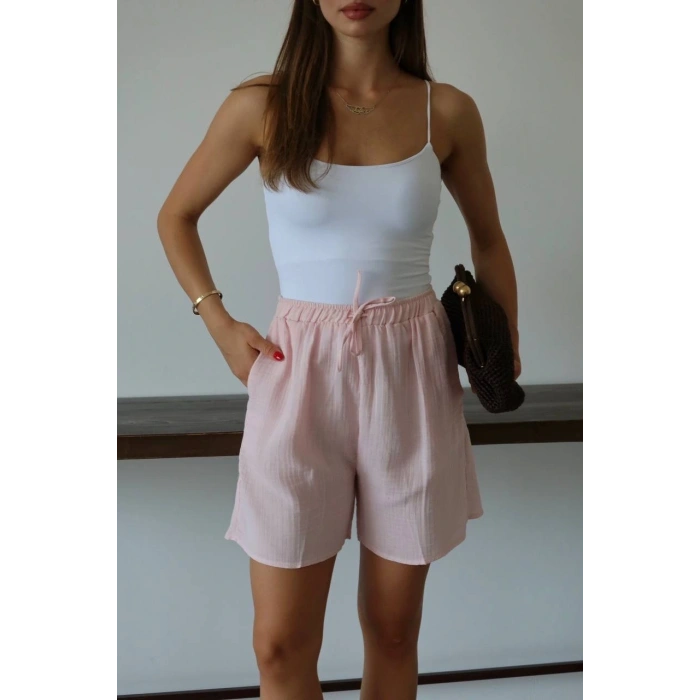 Müslin kumaş şort bağcıklı pembe pt