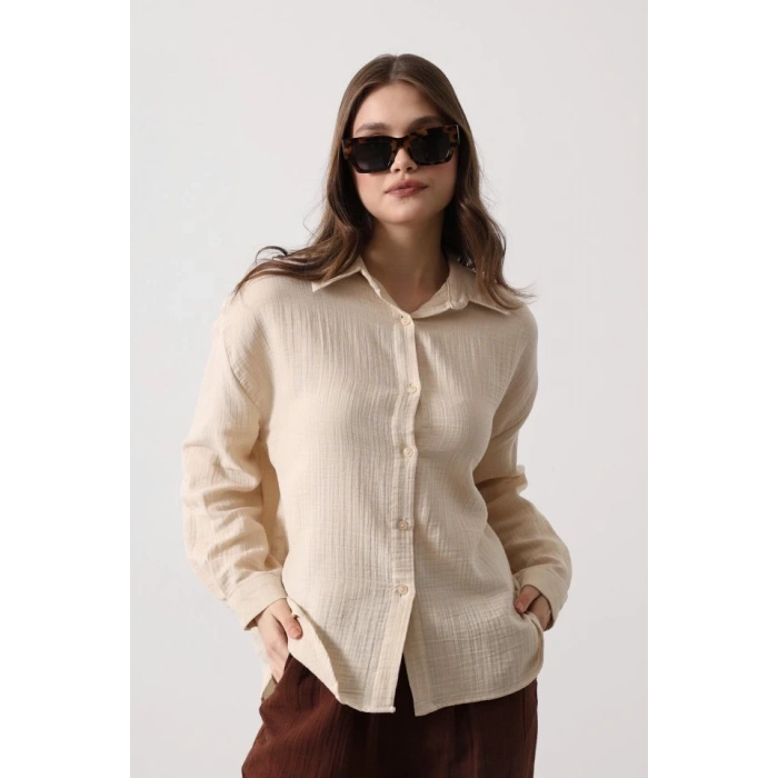 Müslin Uzun Kol Gömlek - Bej