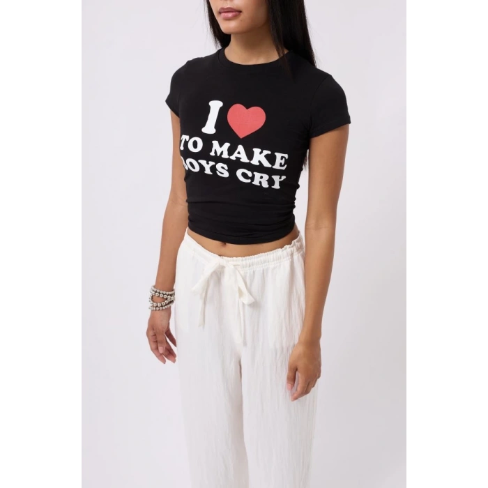 Nakış Detay Baskılı Crop T-Shirt
