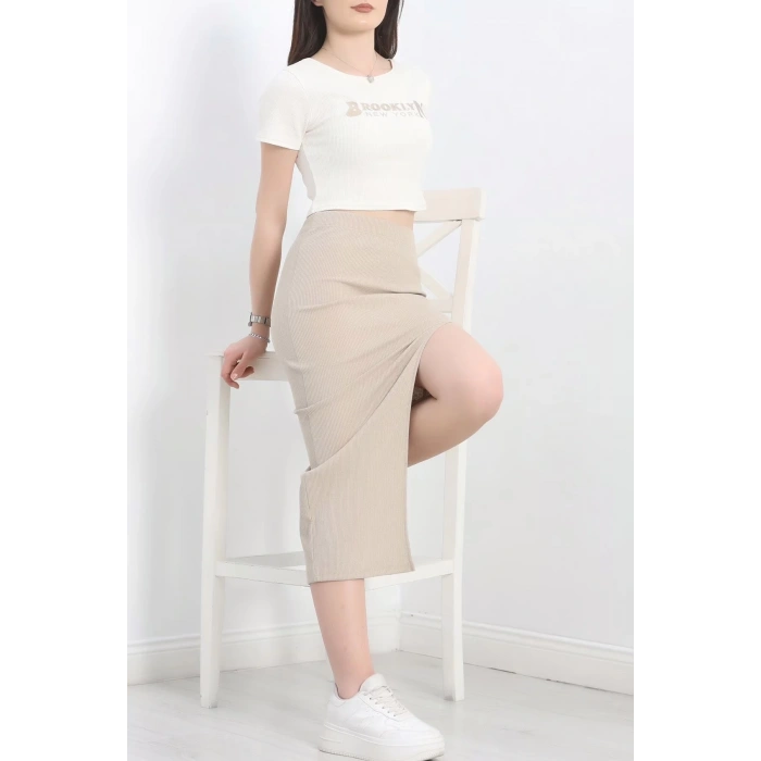 Nakışlı etekli takım bej beyaz s3899