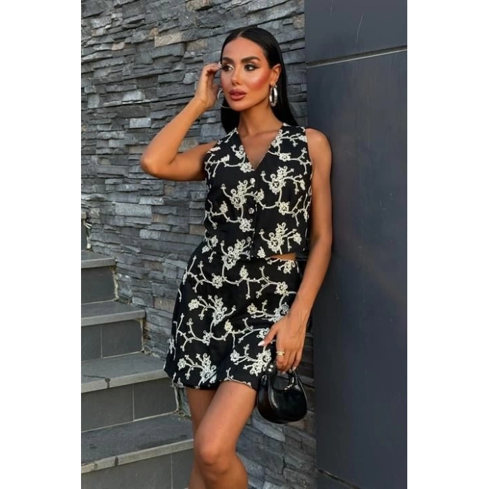 Nakışlı Yelek Şort Etekli Keten Takım 10226-08