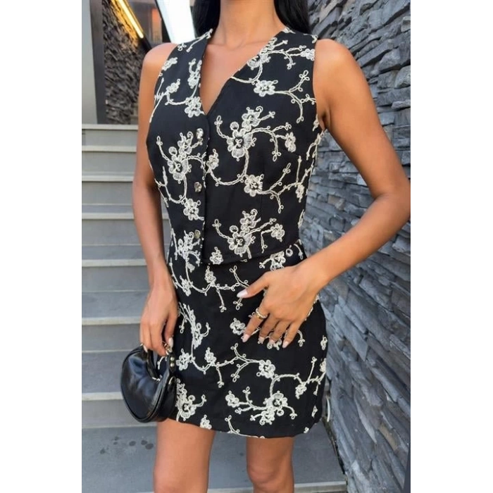 Nakışlı Yelek Şort Etekli Keten Takım 10226-08