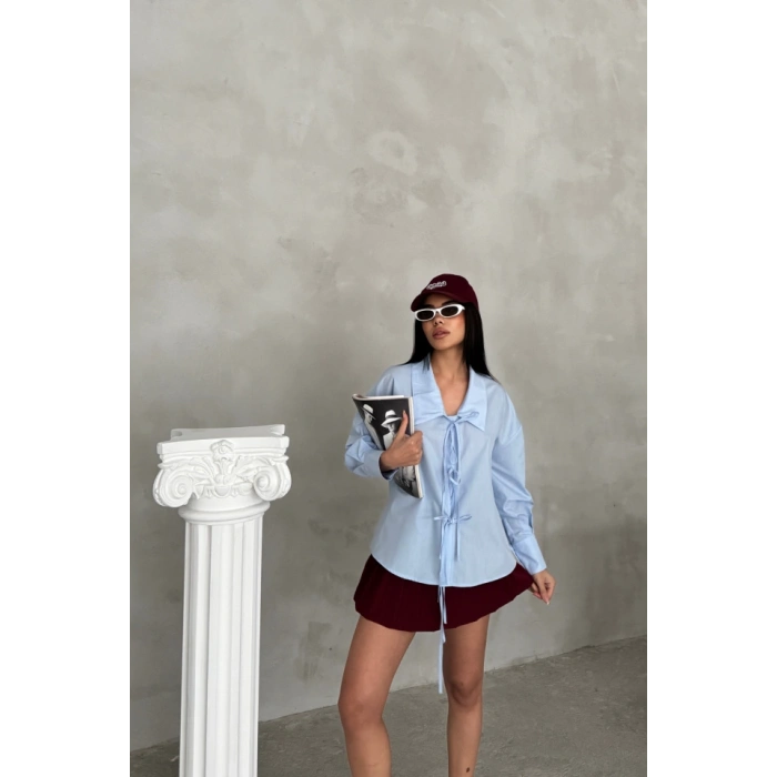 OKUL YAKA POPLİN GÖMLEK İP BAĞLAMA DETAYLI - Bebe Mavi