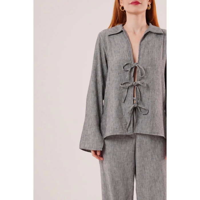 Ön Bağlama Detaylı Pantolon Ve Gömlek Antrasit İkili Takım