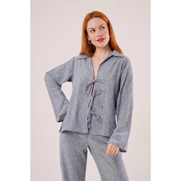 Ön Bağlama Detaylı Pantolon Ve Gömlek İndigo İkili Takım