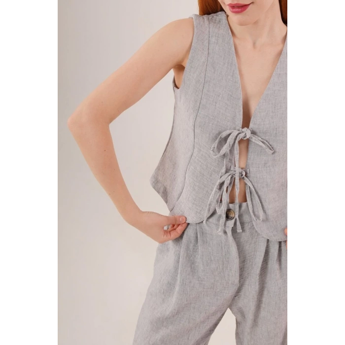 Ön Bağlama Detaylı Yelek Ve Pantolon Gri İkili Takım