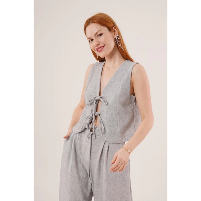 Ön Bağlama Detaylı Yelek Ve Pantolon Gri İkili Takım