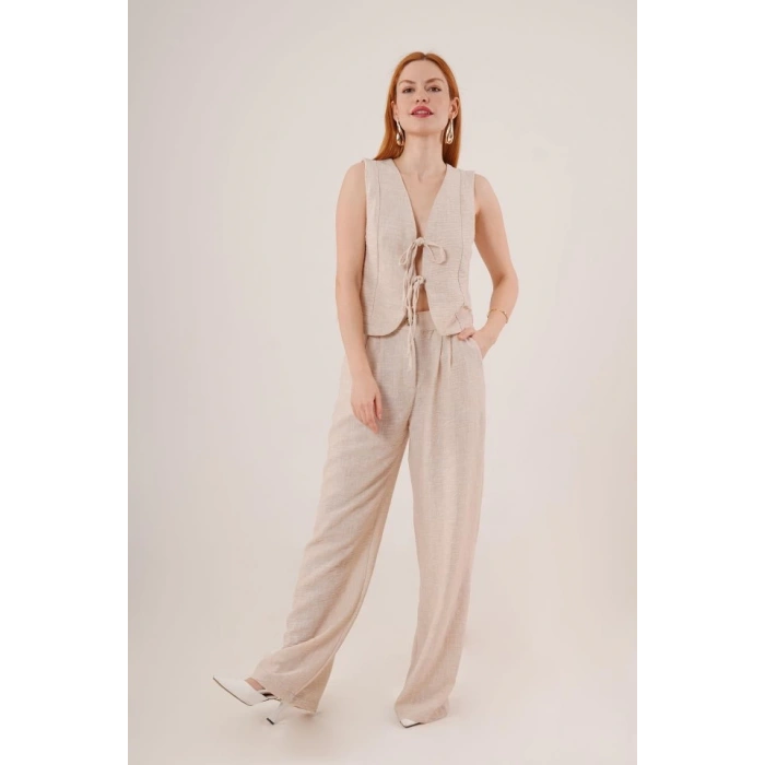 Ön Bağlama Detaylı Yelek Ve Pantolon Taş İkili Takım