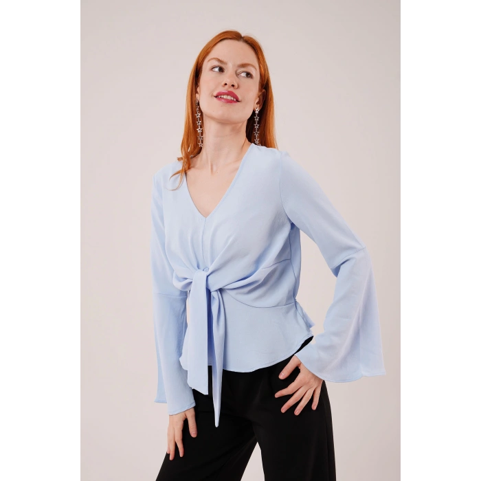 Ön Bağlamalı Volan Kol Bebe Mavisi Bluz