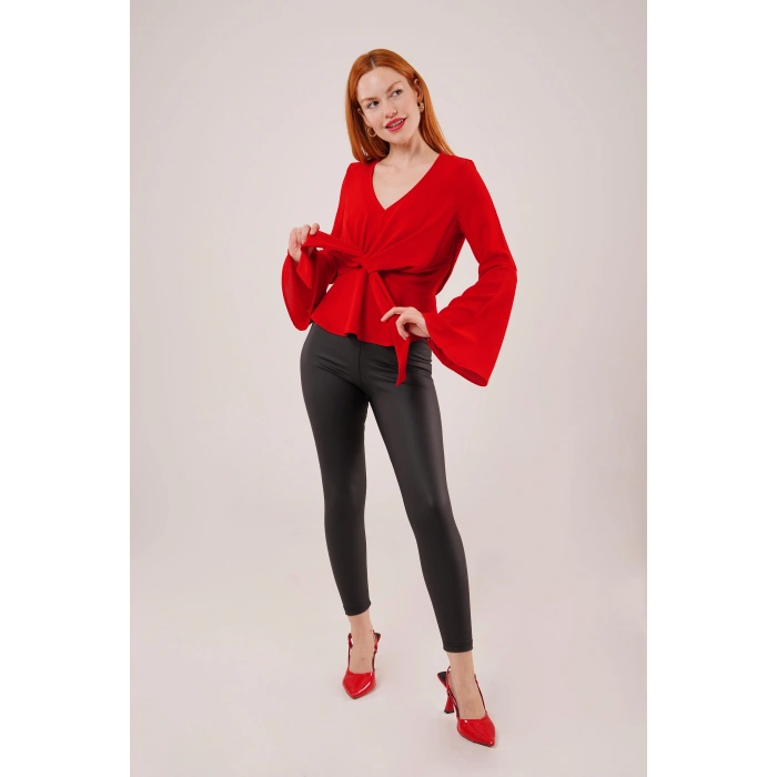 Ön Bağlamalı Volan Kol Kırmızı Bluz