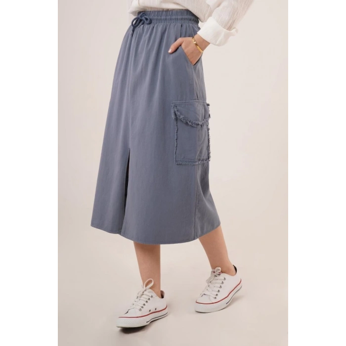 Ön Yırtmaçlı Cep Detaylı İndigo Etek