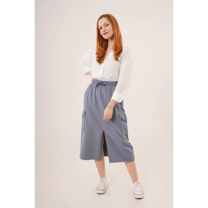 Ön Yırtmaçlı Cep Detaylı İndigo Etek