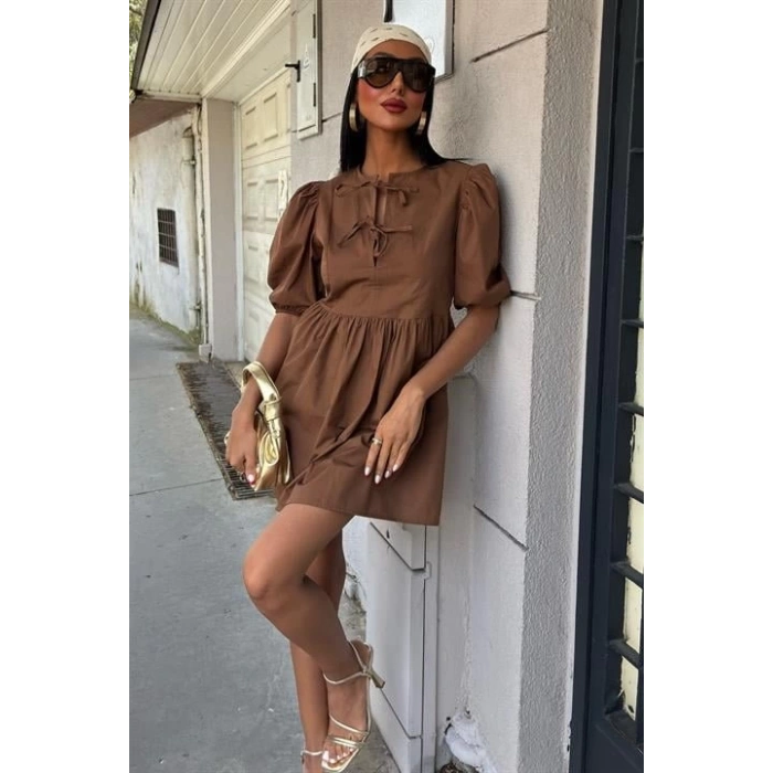 Önü Fiyonk Bağlamalı Ve Balon Kollu Elbise 2893