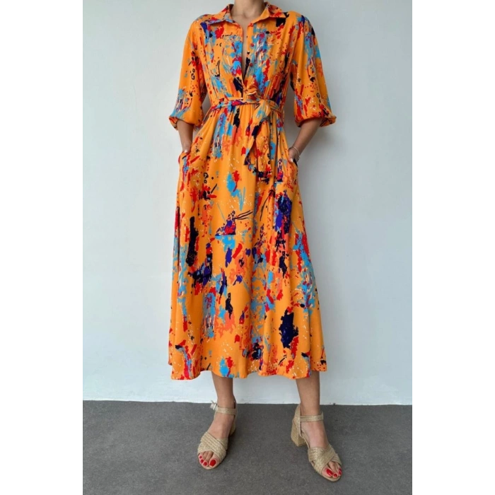 Oranj Çiçek Desenli Kemerli Elbise