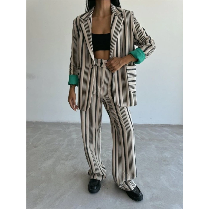 OTTOMAN ÇİZGİLİ CEKET-PANTOLON TK - Bej