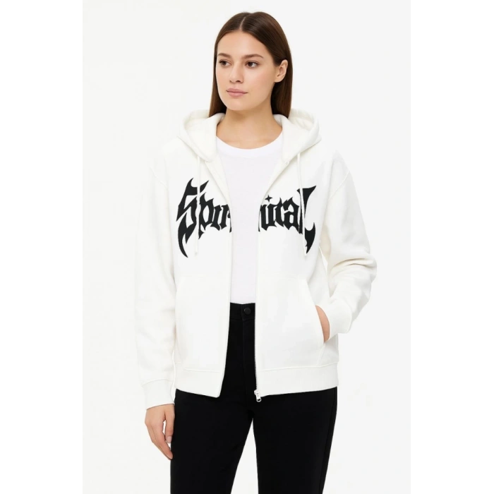 Oversize Kapüşonlu Sweatshirt Hoodie 3 İplik Şardonlu Pamuklu Kumaş, Önü Baskılı, Fermuarlı Rahat Kalıp, Kışlık Ve Sokak Stili Sweat - Beyaz