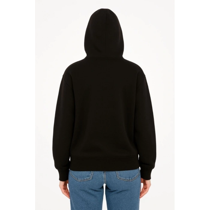 Oversize Kapüşonlu Sweatshirt  Hoodie 3 İplik Şardonlu Pamuklu Kumaş, Önü Baskılı, Fermuarlı Rahat Kalıp, Kışlık Ve Sokak Stili Sweat - Siyah