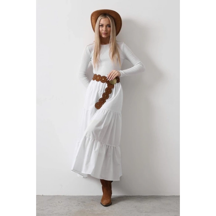 Pamuklu Beli Lastikli Etek - Beyaz