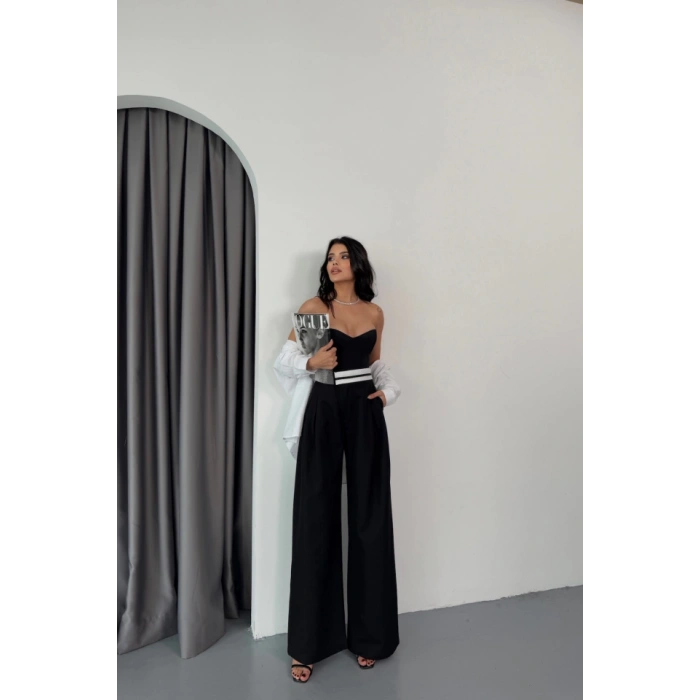 PANTOLON BEL ŞERİT DETAYLI - Siyah