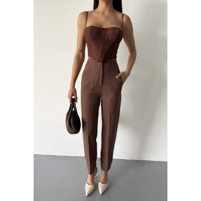 PANTOLON PENSLİ ATLAS KUMAŞ - Kahverengi