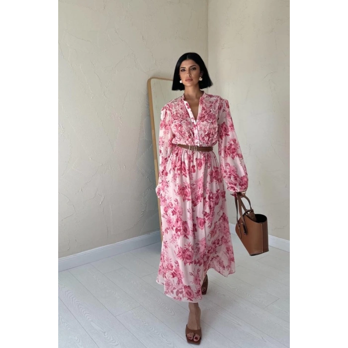 Pembe Biye Detaylı Elbise