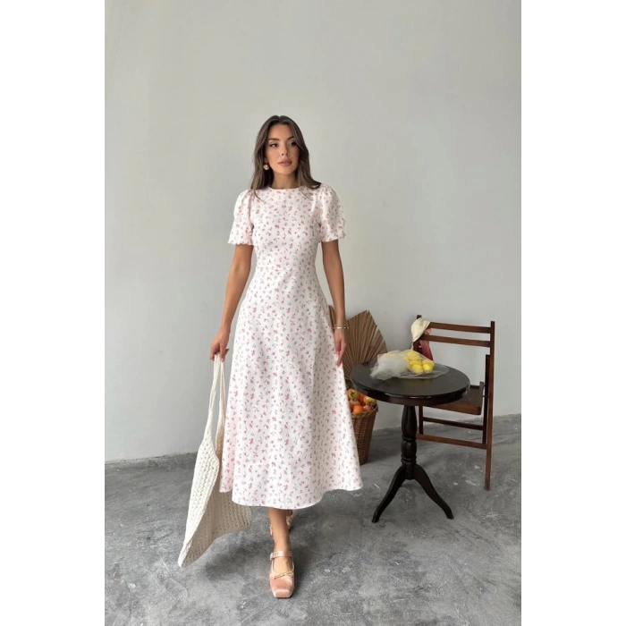 Pembe Dijital Baskılı Atlas Elbise