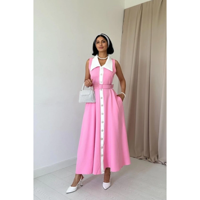 Pembe Geniş Yakalı Halter Kollu Elbise