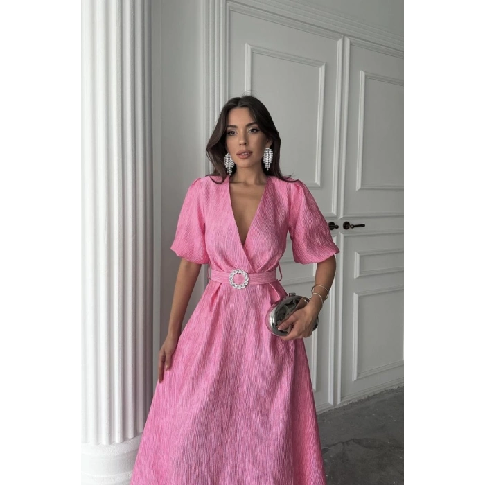 Pembe Işıltılı Kemerli Kruvaze Elbise