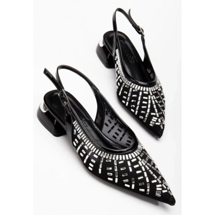 Piyar Siyah Taşlı Topuklu Ayakkabı