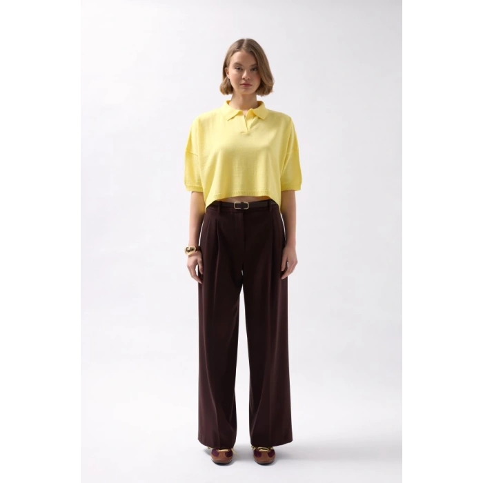 Polo Yaka Crop Dokulu Bluz